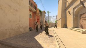 T-side characters standing in spawn on Counter-Strike 2 map Mirage.