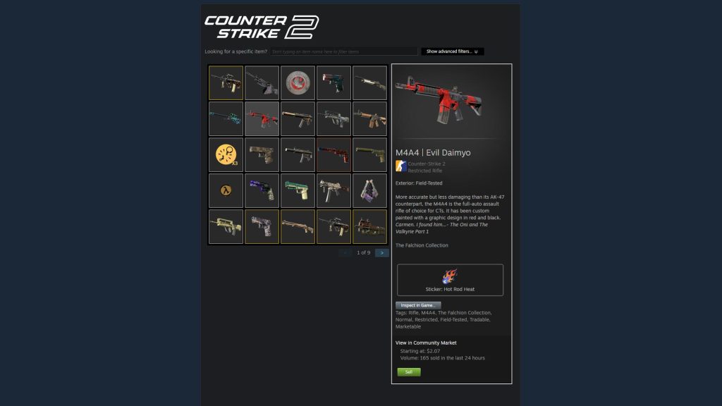 The Steam marketplace showing several Counter-Strike 2 inventory items.