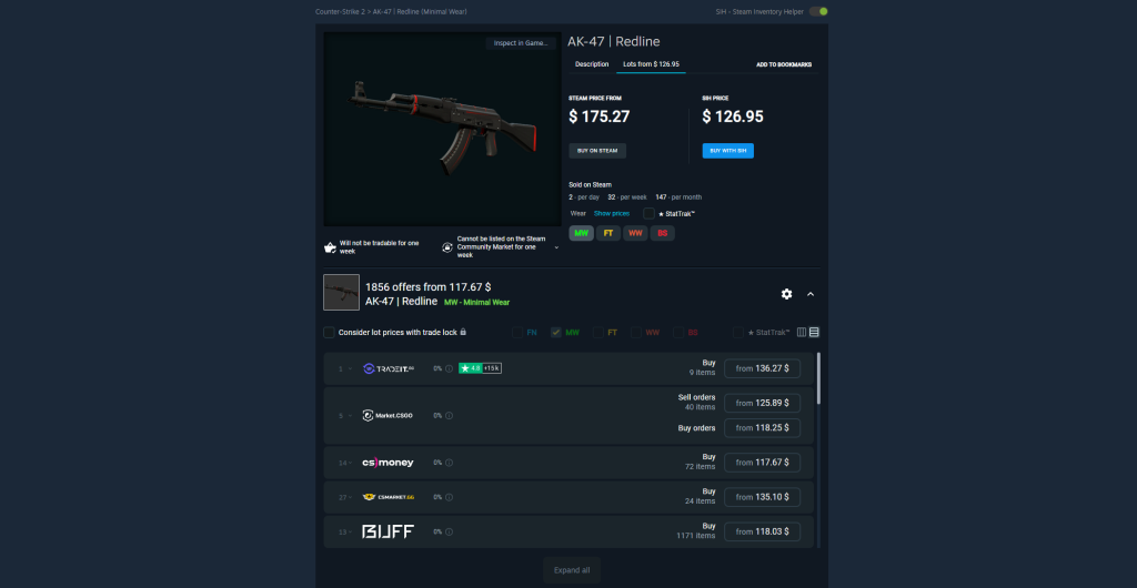 Steam Inventory Helper listing for an AK-47 Redline skin in CS2.