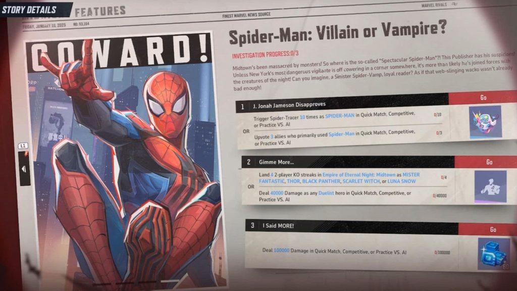 spider-man investigation objectives in marvel rivals