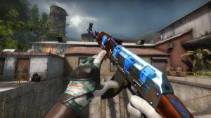 A StatTrak Case Hardened "Blue Gem" AK-47 with four Katowice 2014 Titan Holo stickers, one of the most expensive Counter-Strike skins ever.