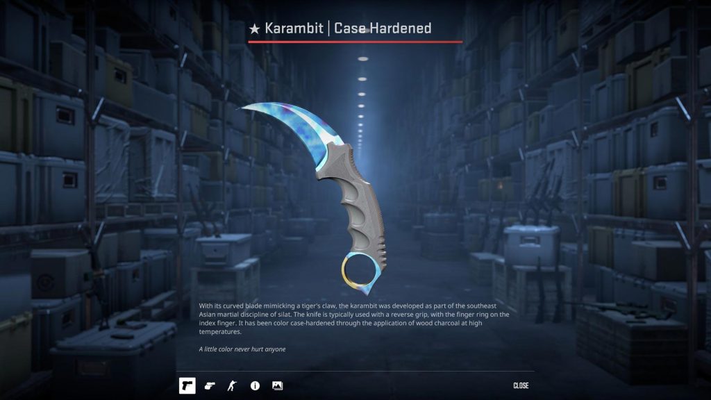 A StatTrak Case Hardened "Blue Gem" Karambit skin, one of the most expensive Counter-Strike skins ever.