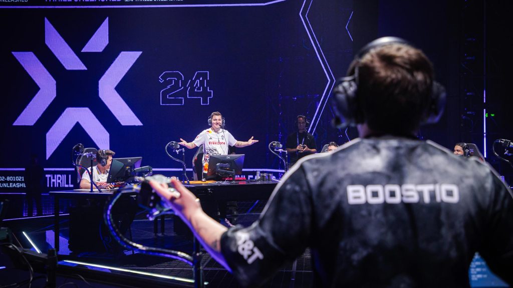 Eray "yetujey" Budak (L) of FUT Esports and Kelden "Boostio" Pupello of 100 Thieves are seen on stage at the VALORANT Masters Shanghai Playoffs.