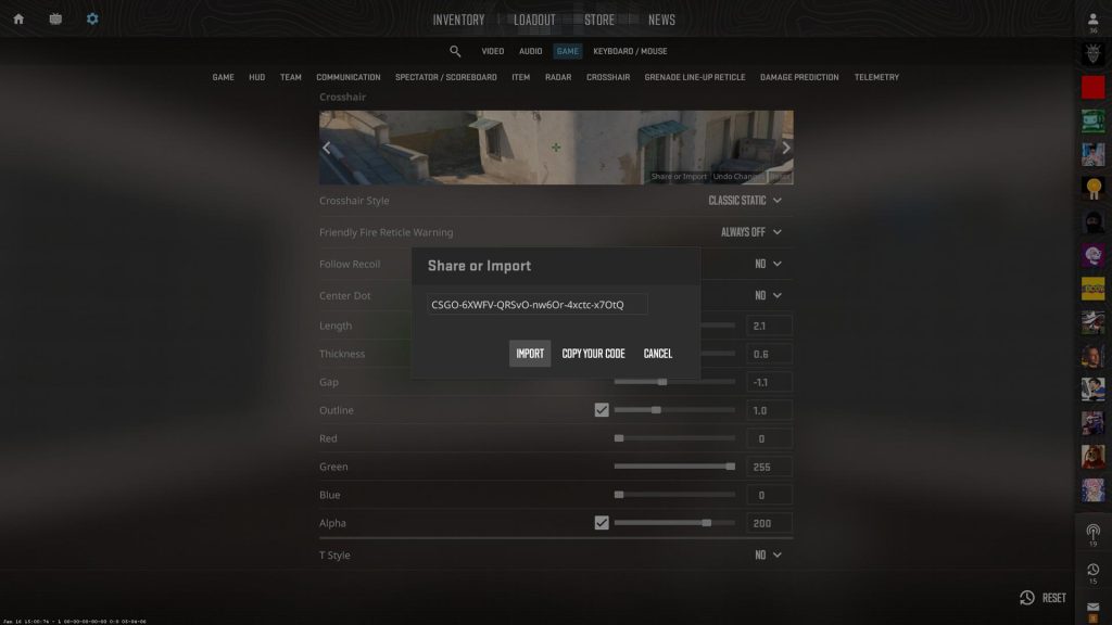 CS2 crosshair import settings