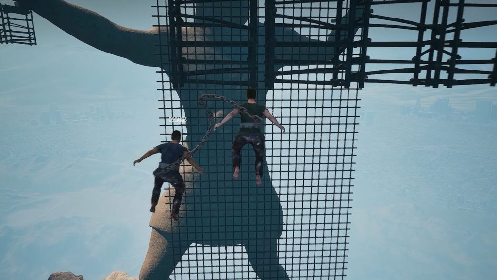 two players jumping in chained together