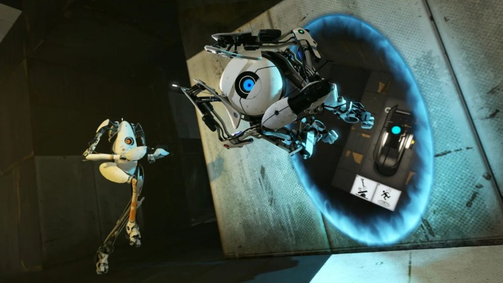 portal 2 main characters going through portal