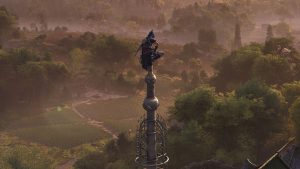 main character perched up high in assassin's creed shadows