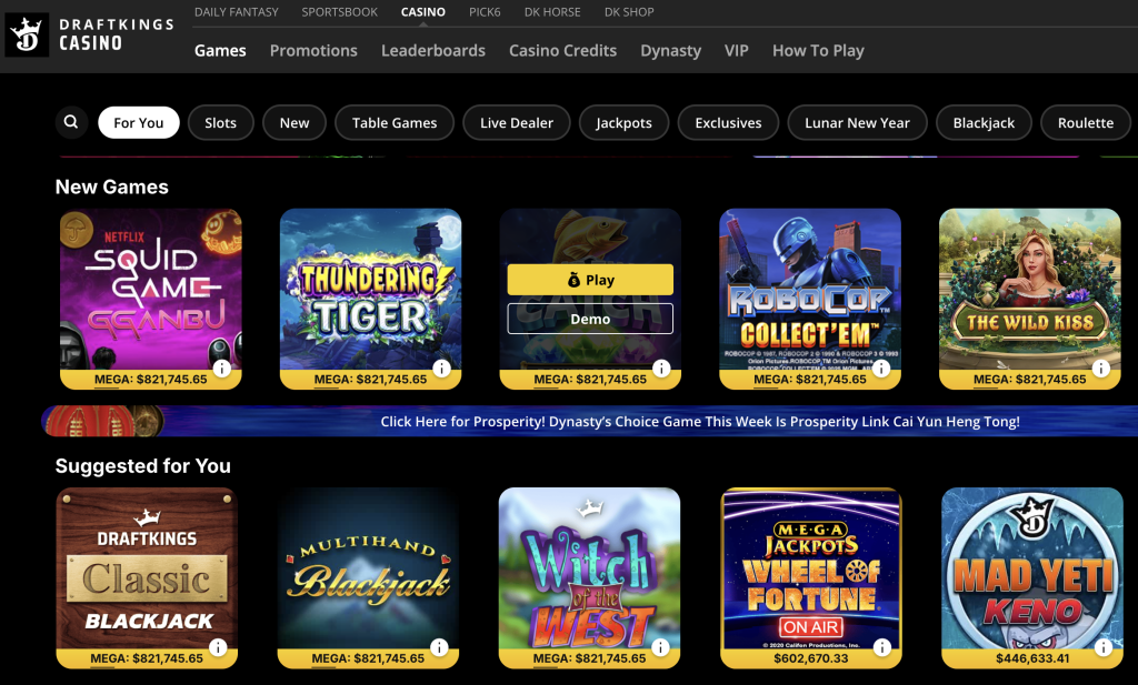 Screenshot of DraftKings casino slot lobby
