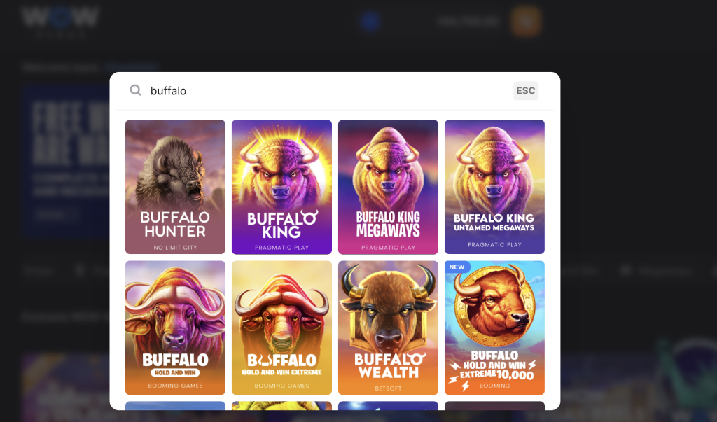 Screenshot of Buffalo slots on WOW Vegas