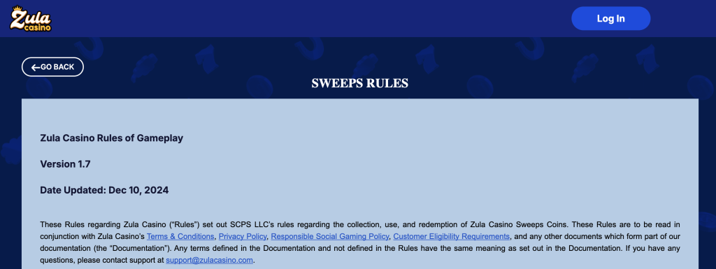 Screenshot of Zula Casino Sweeps Rules