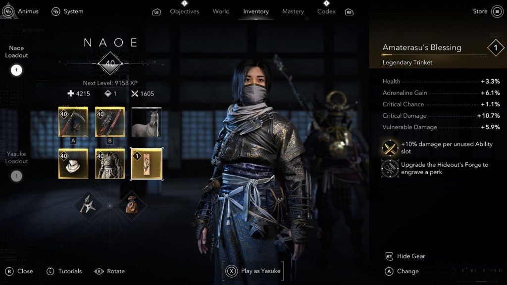 character menu in assassin's creed shadows