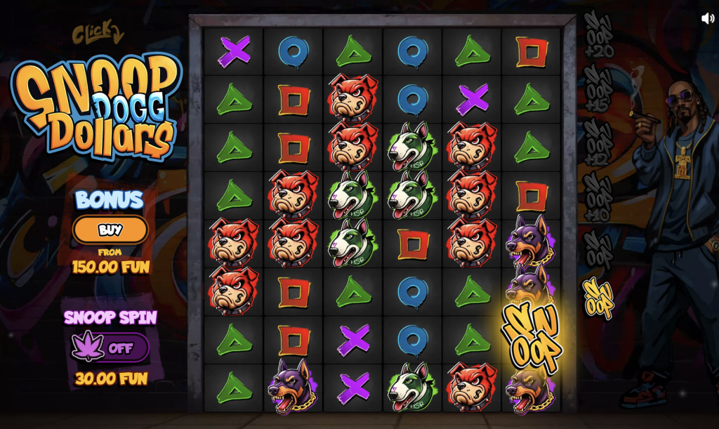 Snoop Dogg Dollars slot game with graffiti theme, dog symbols, Snoop Spin feature, and bonus buy option starting from 150 FUN