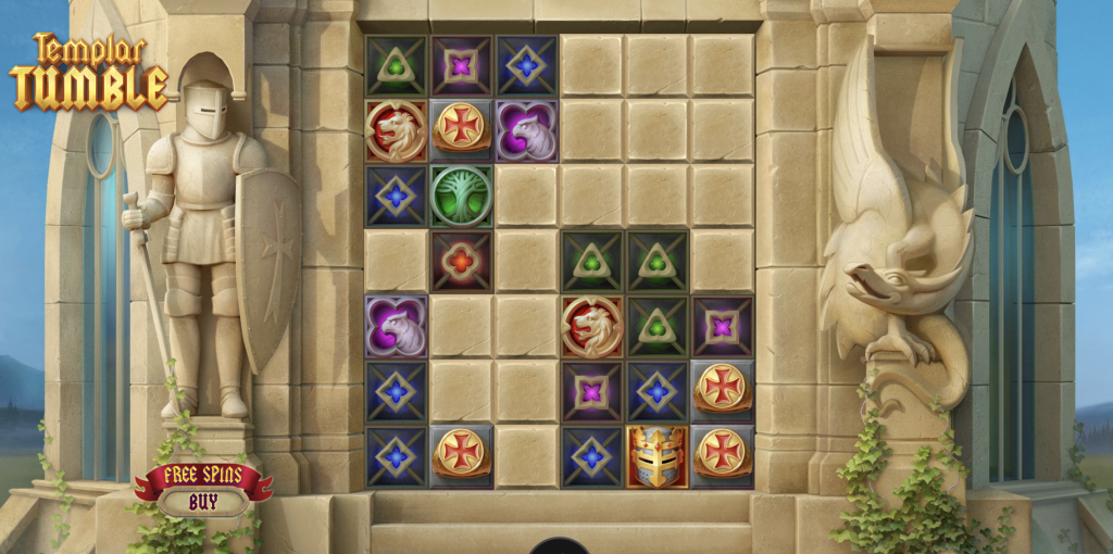 Templar Tumble slot game with medieval theme, cascading reels, free spins feature, and stone castle backdrop