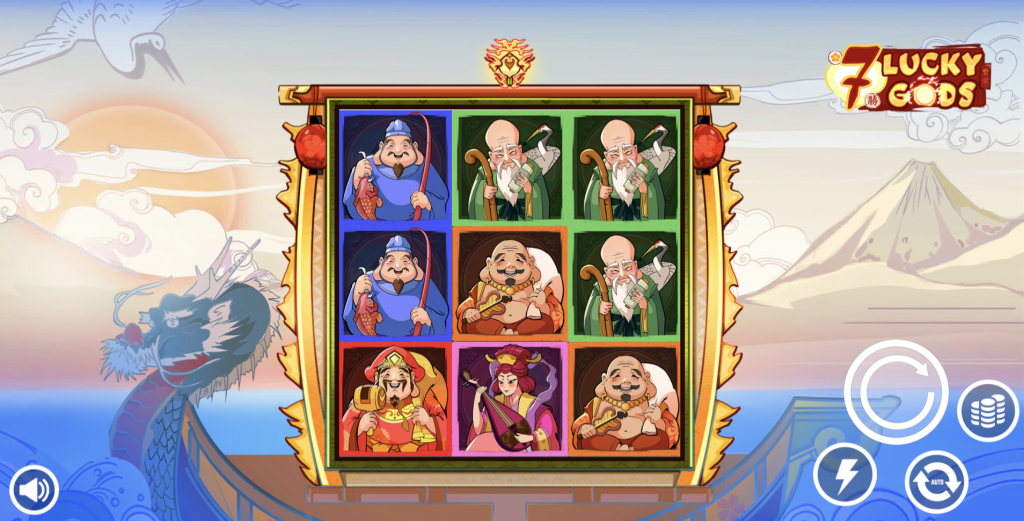 7 Lucky Gods online slot game featuring colorful Asian-inspired symbols, including deities, set against a traditional backdrop with dragons, mountains, and sunrise
