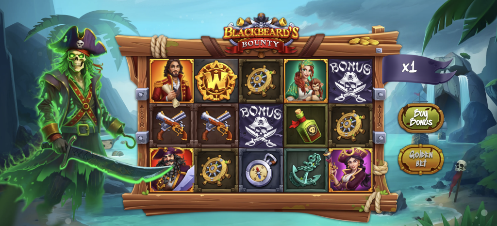 Blackbeard’s Bounty online slot game featuring pirate-themed symbols, bonus scatter icons, wild symbols, and buy bonus option set on a tropical island backdrop
