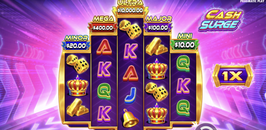 Cash Surge slot game by Pragmatic Play featuring gold dice, crowns, and jackpot tiers including Mini, Minor, Major, Mega, and Ultra prizes on a neon-lit reel background