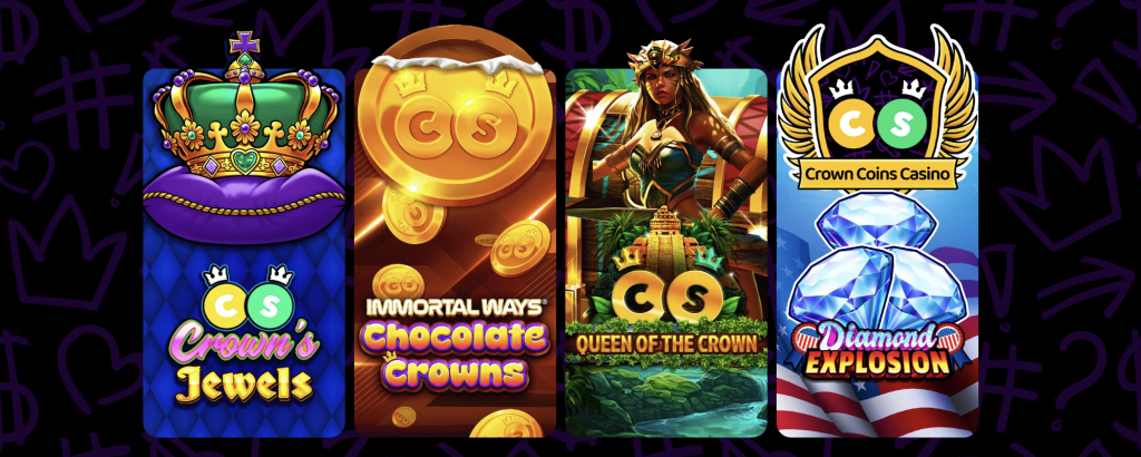 CrownCoins Casino free-to-play slot games including Crown’s Jewels, Immortal Ways Chocolate Crowns, Queen of the Crown, and Diamond Explosion, displayed with vibrant themed graphics