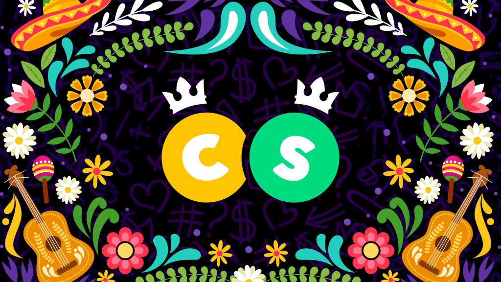 Crown Coins Cinco de Mayo celebration artwork featuring festive guitars, sombreros, maracas, flowers, and CS logo with crowns on a colorful Mexican-themed background