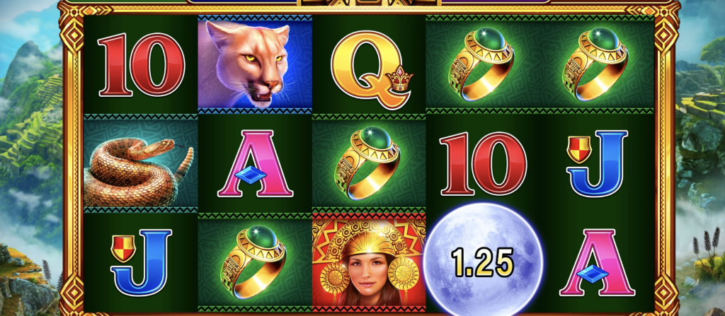 Dawn of the Incas slot game featuring jungle temple theme, panther, snake, Incan queen, golden rings, and moon bonus symbol with cash prize