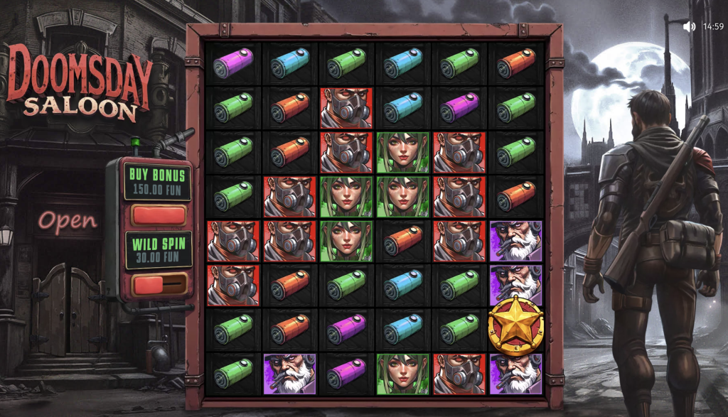 Doomsday Saloon slot game with post-apocalyptic theme featuring wild spin and bonus buy options, character and battery symbols on a 6x6 grid