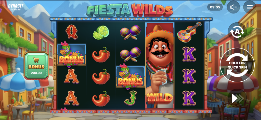 Fiesta Wilds online slot game by Dynabit Gaming featuring colorful reels, bonus symbols, and wild character in a festive Mexican street setting