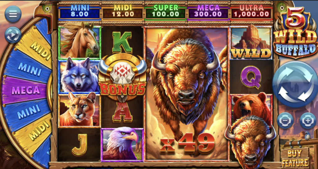 Five Wild Buffalo slot game screen featuring wildlife symbols, a multiplier win of x49, bonus trigger, and prize wheel with Mini, Midi, Mega, Super, and Ultra jackpots.
