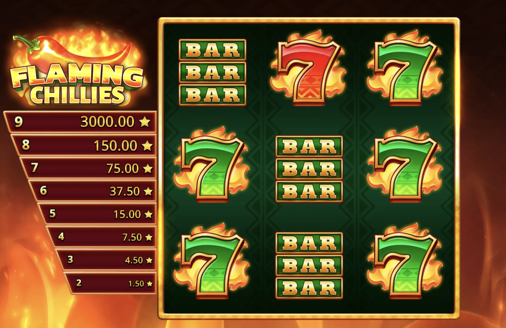 Flaming Chillies slot machine game featuring fiery red and green sevens, triple BAR symbols, and a payout table with prizes up to 3000 coins