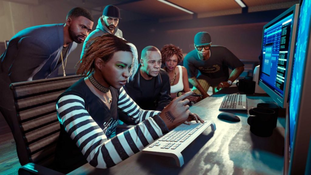 Characters around a computer in the GTA Online The Data Leaks mission.