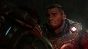 A close-up shot of a character in Gears of War E Day - Release Window