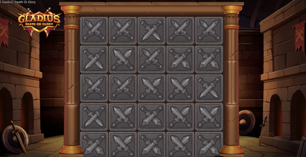 Gladius: Death or Glory slot game featuring a Roman gladiator arena theme with sword-engraved stone tiles and ancient pillars.