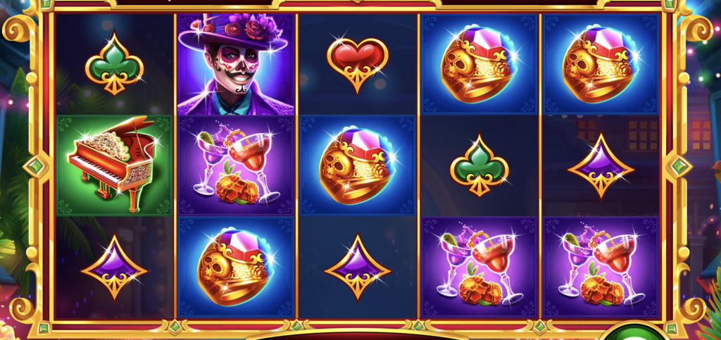 Grand Express Fiesta slot game with colorful Día de los Muertos theme featuring jeweled rings, cocktail glasses, pianos, and sugar skull characters on vibrant reels