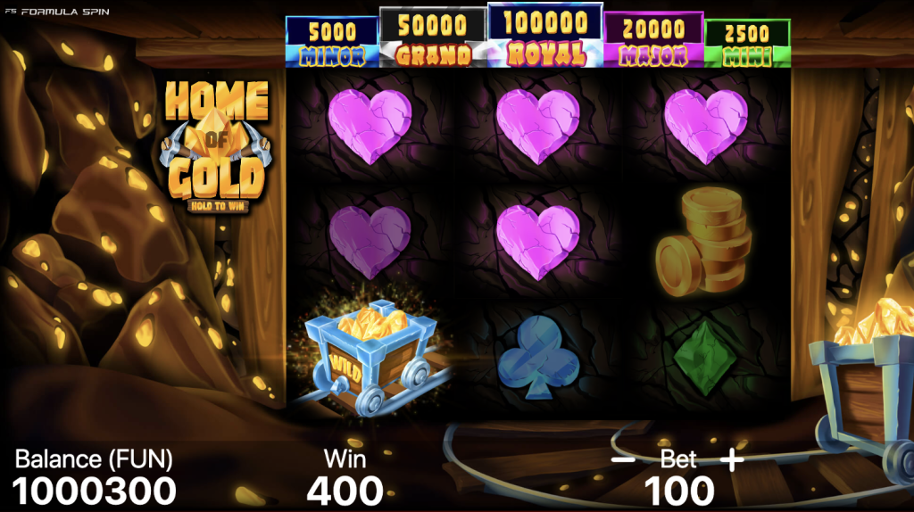 Home of Gold Hold to Win slot game featuring gold mine symbols, wild minecart bonus, colorful gems, and jackpot tiers including Minor, Major, Grand, and Royal