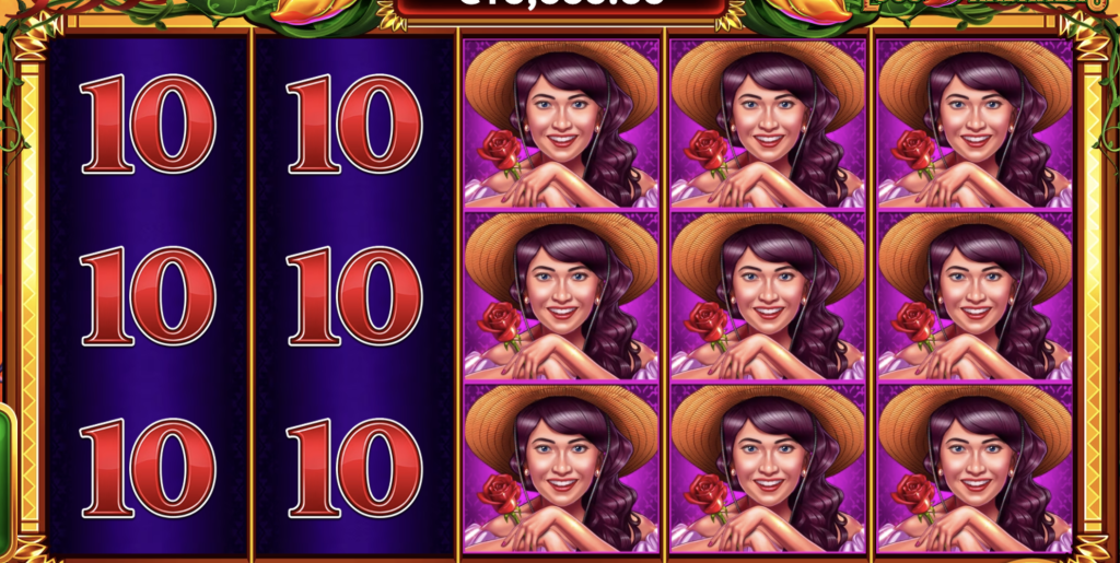 JMania Loco Habanero slot game featuring a winning screen with stacked female character symbols in a pink frame and red 10s on purple reels