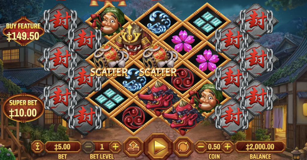 Japanese Mask slot machine with vibrant symbols, chained tiles, scatter triggers, and super bet feature set in a traditional Japanese village backdrop