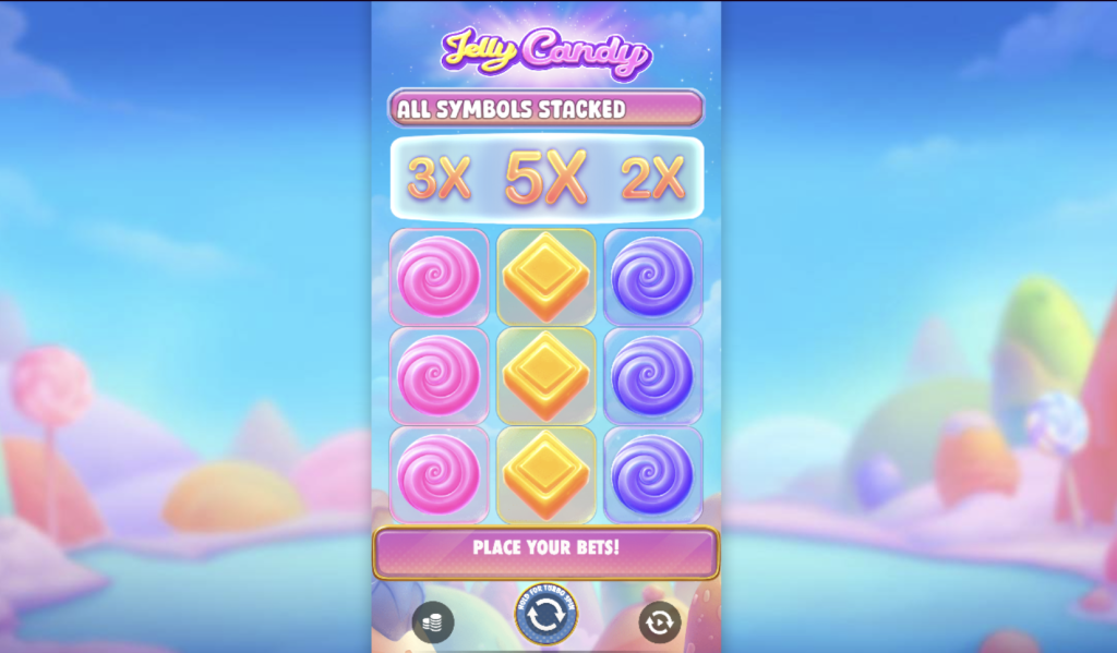 Jelly Candy online slot game with stacked symbols, candy-themed reels, and colorful multiplier bonuses in a whimsical pastel background