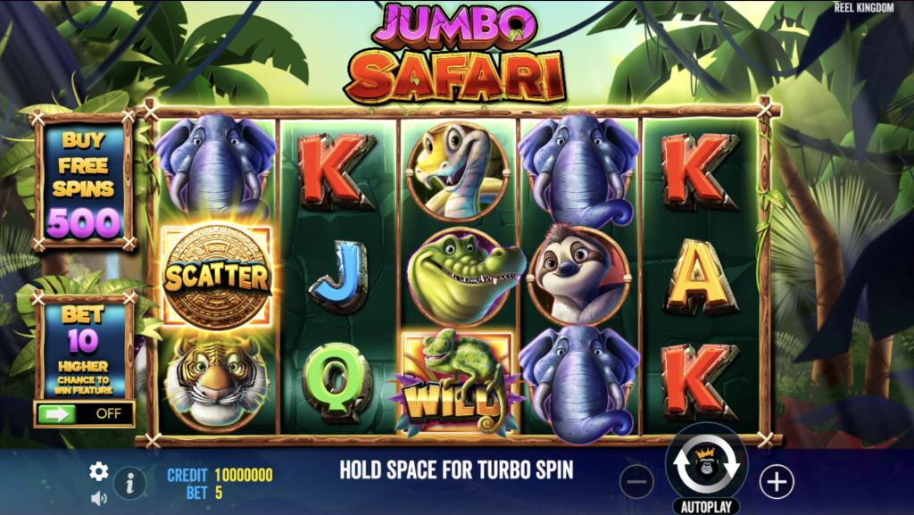 Jumbo Safari slot game by Reel Kingdom featuring jungle animals, scatter and wild symbols, and a buy free spins option