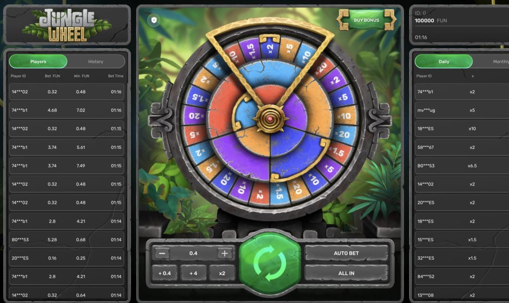 Jungle Wheel bonus game with colorful multiplier segments, spin button, and lush jungle background for an interactive casino experience