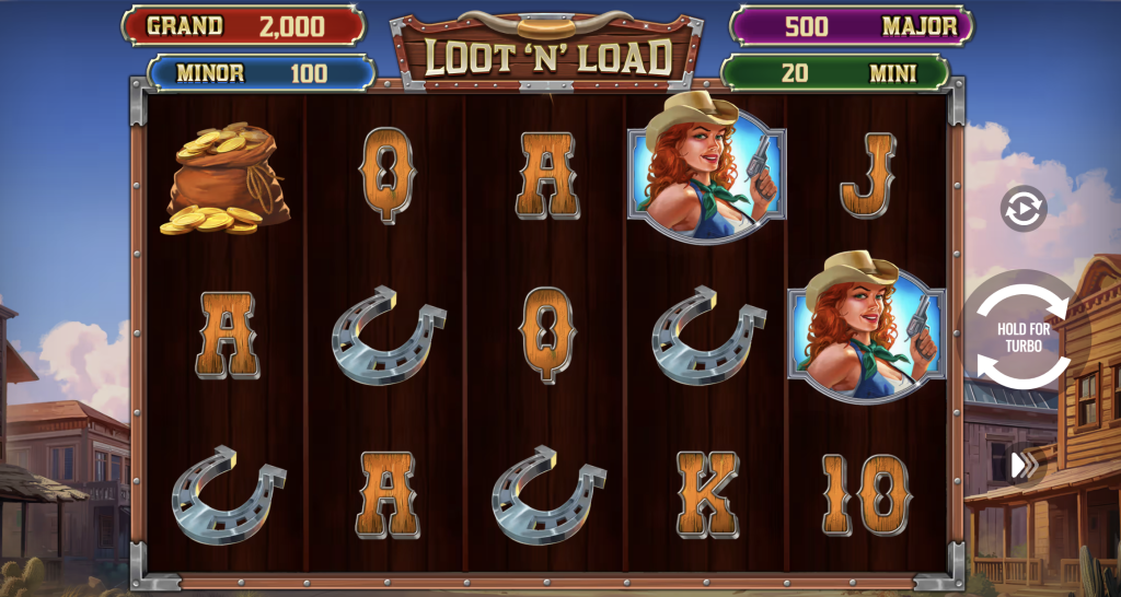 Loot N' Load slot game with wild west theme, female outlaw symbols, horseshoes, gold coin bags, and jackpot tiers including Grand, Major, Minor, and Mini