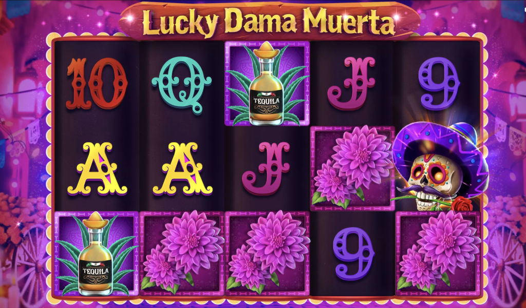 Lucky Dama Muerta online slot game featuring vibrant Day of the Dead theme with tequila bottles, colorful flowers, skull symbols, and stylized playing card icons