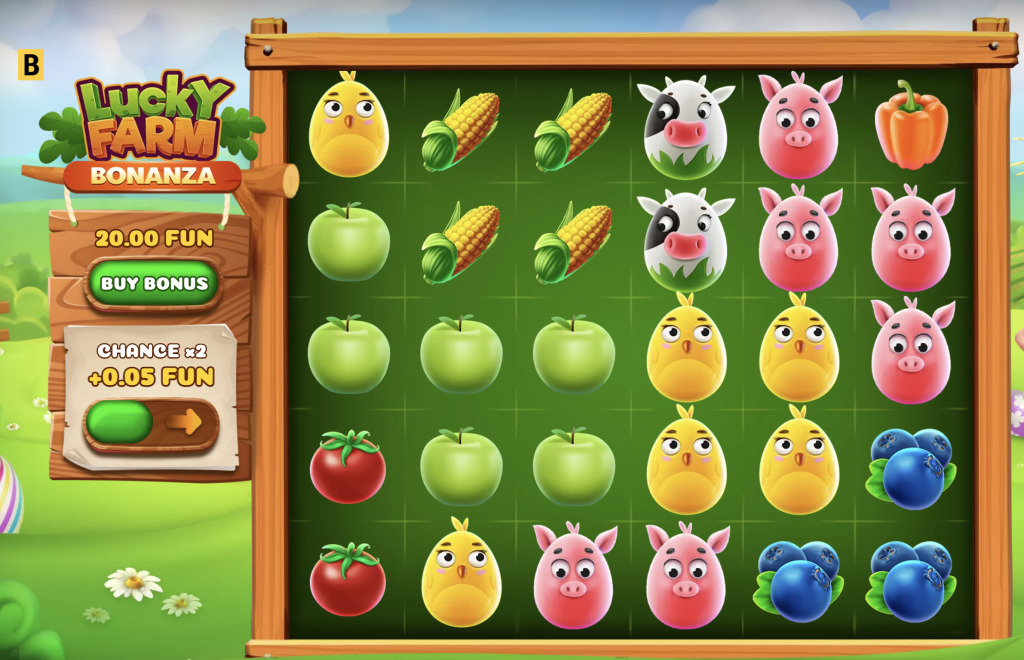 Lucky Farm Bonanza slot game featuring colorful cartoon symbols like chicks, pigs, cows, apples, and corn with bonus buy and x2 chance features