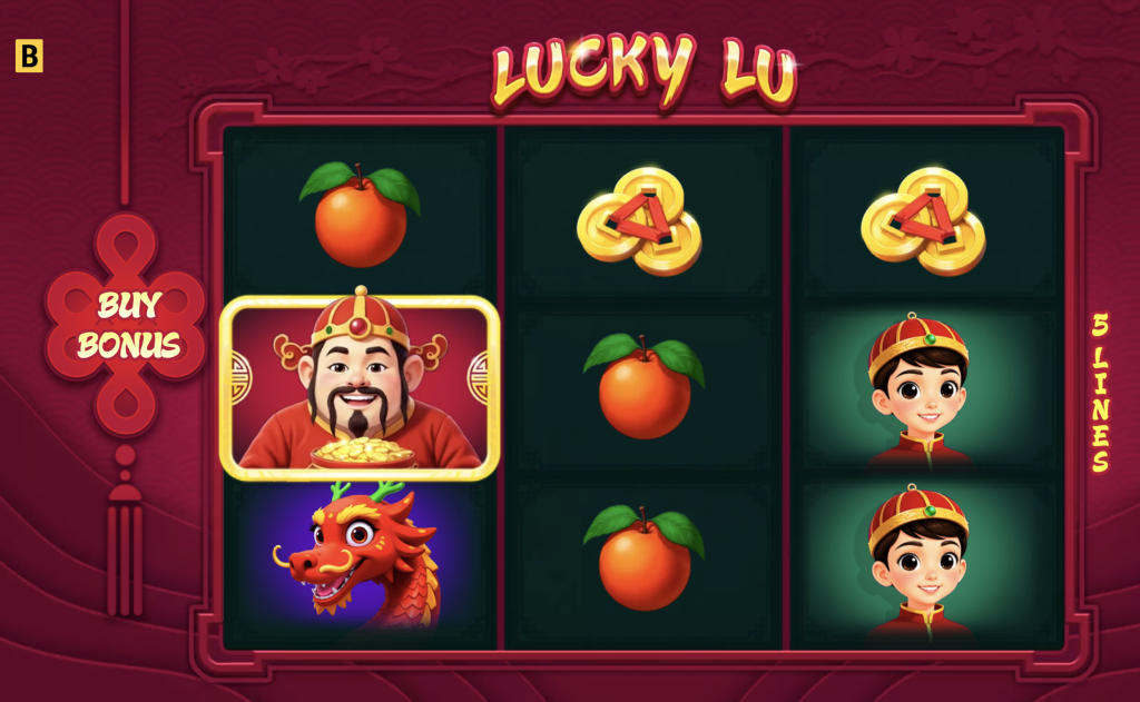 Lucky Lu slot machine with Asian-themed symbols including oranges, gold coins, a smiling emperor, red dragon, and young boy character on 5 paylines