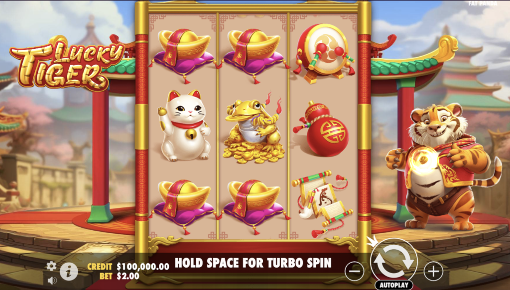 Lucky Tiger slot game featuring Chinese-themed symbols like golden ingots, lucky cat, money frog, and traditional drums with a smiling tiger mascot in a temple backdrop