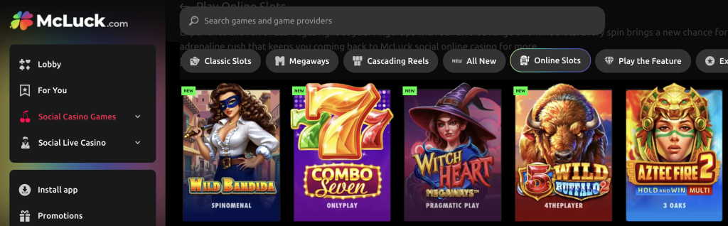McLuck Casino online slots interface showing new titles including Wild Bandida, Combo Seven, Witch Heart Megaways, Wild Buffalo 2, and Aztec Fire 2 Hold and Win.