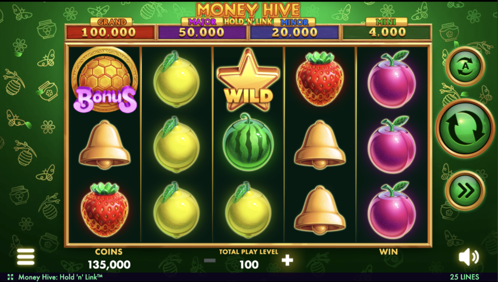 Money Hive Hold 'n' Link slot game featuring fruit symbols, star wilds, and honeycomb bonus with four jackpot levels on a vibrant green background