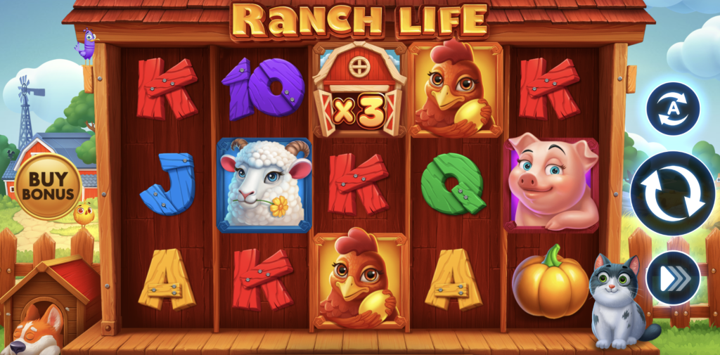 Ranch Life slot game featuring cartoon farm animals, wooden reel design, and a buy bonus feature in a colorful countryside setting