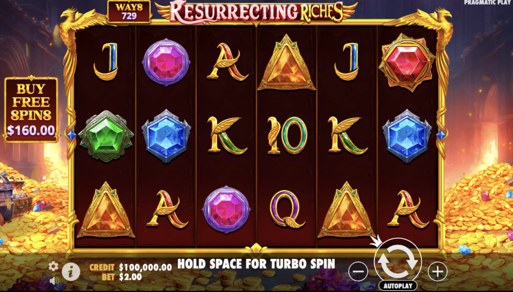 Resurrecting Riches slot game by Pragmatic Play featuring vibrant gemstone symbols, golden phoenix accents, 729 ways to win, and a $160 buy free spins option