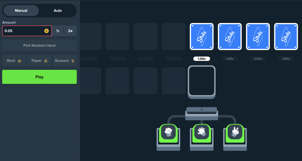 Stake.us Rock Paper Scissors game interface featuring manual and auto betting modes, hand selection buttons, and multiplier card reveals.