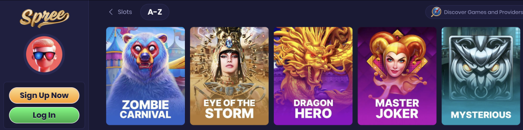 Spree Casino slot game selection featuring Zombie Carnival, Eye of the Storm, Dragon Hero, Master Joker, and Mysterious slots.