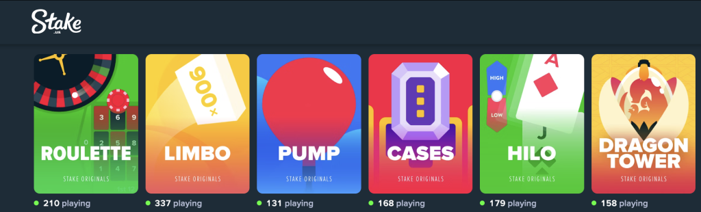 Stake.us Original Games lineup featuring Roulette, Limbo, Pump, Cases, HiLo, and Dragon Tower with real-time player counts