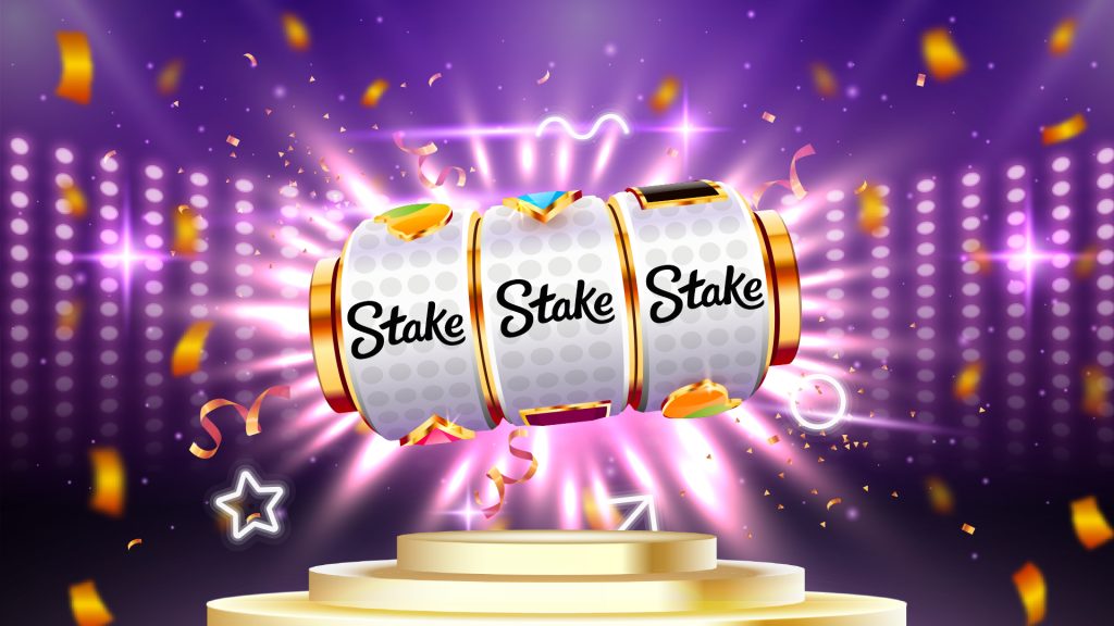 Animated slot machine with triple 'Stake' logo jackpot on a golden pedestal, surrounded by confetti and neon lights on a vibrant purple casino background